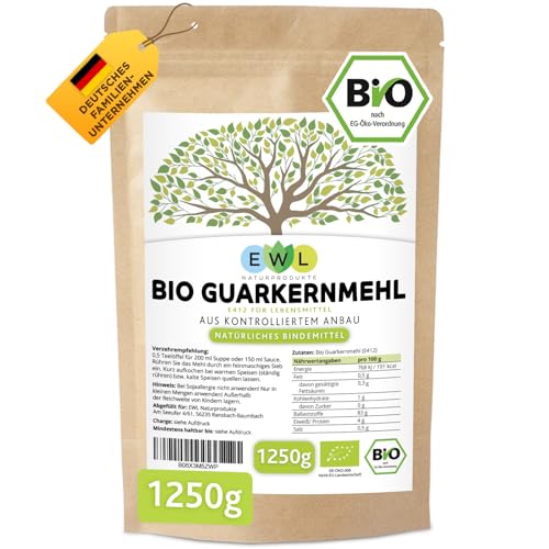 Bio Guarkernmehl 1250g XXL Vorteilspack Guar Gum Bio Guarkern Mehl aus kontrolliertem Anbau Guarkernmehl E412 Glutenfrei Bindemittel Verdickungsmittel 1250g von EWL Naturprodukte