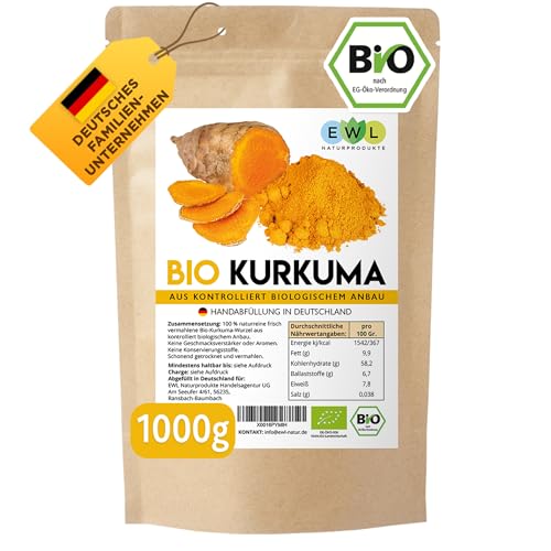 Bio Kurkuma Pulver I Kurkuma Pulver Bio I Kurkumapulver aus kontrolliert biologischem Anbau I Abgefüllt und kontrolliert bei uns in Deutschland 1kg Curcuma Pulver von EWL Naturprodukte