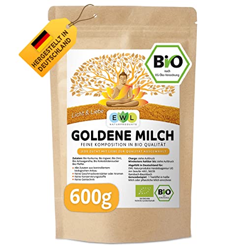EWL Naturprodukte Bio Goldene Milch 600g, Golden Milk mit Kurkuma, Ingwer, Ashwaganda, Ceylon Zimt, Ceylon Pfeffer, Kokosblütenzucker von EWL Naturprodukte