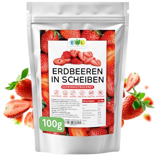 EWL Naturprodukte Erdbeeren gefriergetrocknet 100g, gefriergetrocknete Erdbeeren in Scheiben, getrocknete Erdbeeren frei von Zusatzstoffen, getrocknete Früchte abgefüllt in Deutschland von EWL Naturprodukte