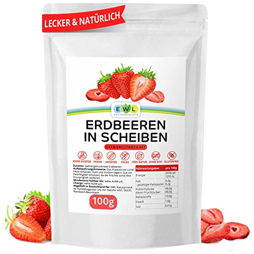 EWL Naturprodukte Erdbeeren gefriergetrocknet 100g, gefriergetrocknete Erdbeeren in Scheiben, getrocknete Erdbeeren frei von Zusatzstoffen, getrocknete Früchte abgefüllt in Deutschland von EWL Naturprodukte