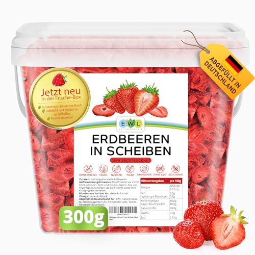 EWL Naturprodukte ERDBEEREN GEFRIERGETROCKNET 300g-leckere, schonend gefriergetrocknete Erdbeeren in Scheiben, frei von Zusatzstoffen -Deutsche Abfüllung- getrocknete Erdbeeren getrocknete Früchte von EWL Naturprodukte