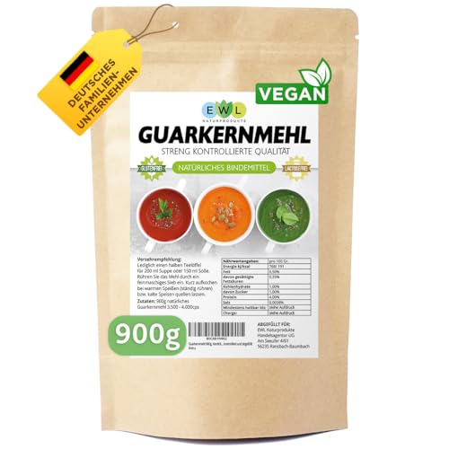EWL Naturprodukte Guarkernmehl 900g, Verdickungsmittel Bindemittel E 412 3.500 cps Carb Guar Gum, in Deutschland kontrolliert und abgefüllt von EWL Naturprodukte