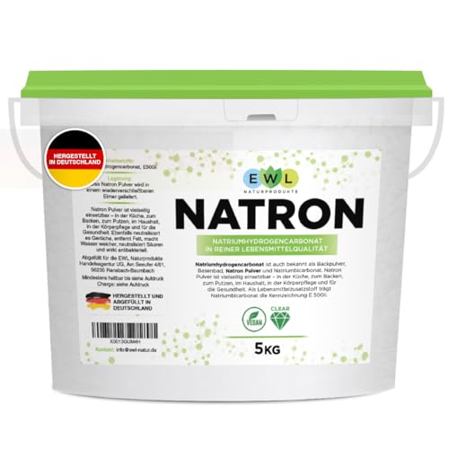 Natron Pulver Baking Soda 5kg I Deutsche Herstellung u. Abfüllung I Hochreine Lebensmittelqualität I Backpulver I Recyclefähiger, wiederverschließbarer Eimer von EWL Naturprodukte