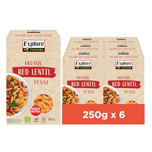 Explore Cuisine Bio Penne aus roten Linsen – Glutenfreie Nudeln aus Linsenmehl, pflanzliche Protein Pasta ohne Zusatzstoffe, ideal bei Zöliakie, vegan, 6x 250g von EXPLORE CUISINE