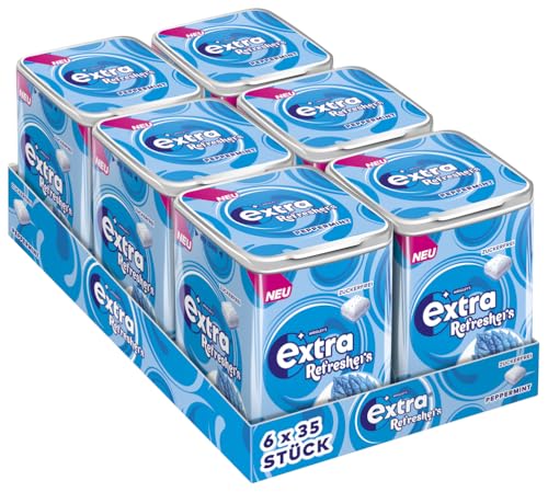Extra Refreshers Kaugummi zuckerfrei, Peppermint Gum, 6 x 35 Dragees, Großpackung Chewing Gum, Xylitol Kaugummi ohne Zucker mit Minz Frische (210 Dragees) von EXTRA