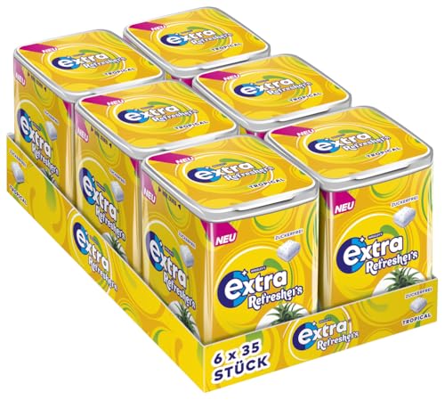 Extra Refreshers Kaugummi zuckerfrei, Tropical Gum, 6 x 35 Dragees, Großpackung Chewing Gum, Xylitol Kaugummi ohne Zucker (210 Dragees) von EXTRA
