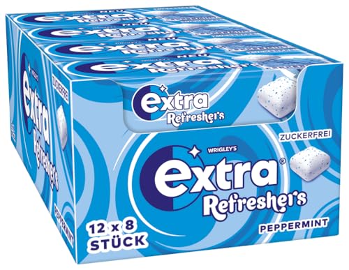Extra Refreshers Kaugummi zuckerfrei, Peppermint Gum, 12 x 8 Dragees, Großpackung Chewing Gum, Xylitol Kaugummi ohne Zucker mit Minz Frische (96 Dragees) von EXTRA
