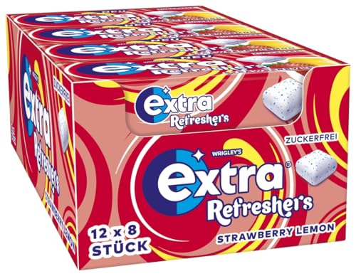 Extra Refreshers Kaugummi zuckerfrei, Strawberry Lemon Gum, 12 x 8 Dragees, Großpackung Chewing Gum, Xylitol Kaugummi ohne Zucker (96 Dragees) von EXTRA