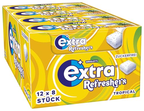 Extra Refreshers Kaugummi zuckerfrei, Tropical Gum, 12 x 8 Dragees, Großpackung Chewing Gum, Xylitol Kaugummi ohne Zucker (96 Dragees) von EXTRA