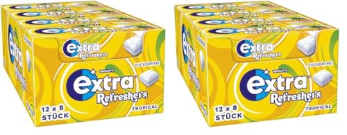 Extra Refreshers Kaugummi zuckerfrei, Tropical Gum, 12 x 8 Dragees, Großpackung Chewing Gum, Xylitol Kaugummi ohne Zucker (96 Dragees) (Packung mit 2) von EXTRA