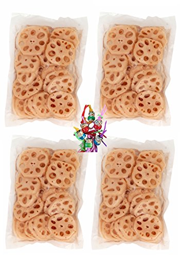 [ 4x 500g / 300g ATG ] Lotuswurzel, geschnitten in Wasser / Sliced Lotus Root in Water + ein kleines Glückspüppchen - Holzpüppchen von Eaglobe