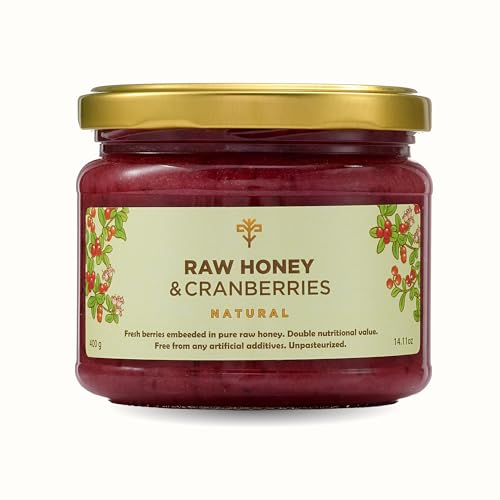 Earthbreath roher Honig mit Preiselbeeren - 100 % natürliche frische Beeren - ungeheizt, ungefiltert, unbearbeitet - ohne Zusatzstoffe, ohne Konservierungsstoffe, ohne Zuckerzusatz (400g) von Earthbreath