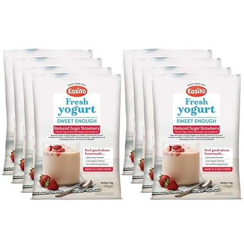 EasiYo Joghurt Erdbeere zuckerreduziert, 8 Beutel | Jeder Beutel ergibt 1 kg Joghurt von EasiYo