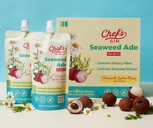 Chef's Gim Seetang Ade| 180mlx8pack | Kalorienarme Erfrischung mit Kalamansi & Kamillen-Litschi | Glutenfrei & Zuckerfrei | Ballaststoffe, Seetangextrakt (Chamomile Lychee) von EasyCookAsia