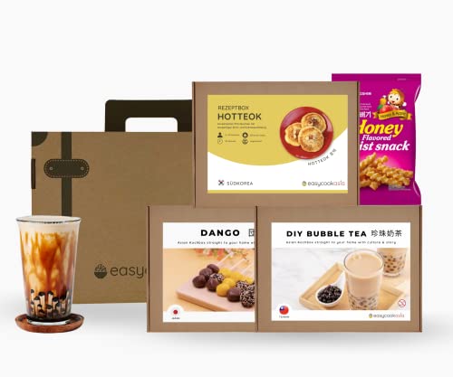 EasyCookAsia Dessert Box | Geschenkset mit 3 asiatische süße Dessert | DIY Bubble Tea, japanische Mochi, koreanische süße Pfannkuchen | inkl Tapioka Boba Perlen, Mochi Mehl und freundliche Anleitung von EasyCookAsia