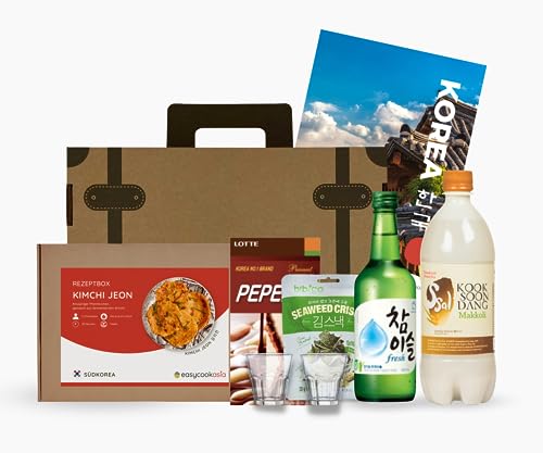 EasyCookAsia Koreanische Koch - und Getränkebox: Soju, Makgeolli, Kimchi Jeon und mehr | inkl. 2 Gläser & koreanische Süßigkeiten von EasyCookAsia