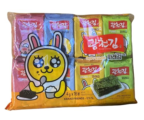 Kakao Friends Crispy Seaweed Snack 16er Pack | Charakter-Design-Packungen mit Knusprigen Algen | Premium Gwangcheon Algen in Südkorea hergestellt | Einzigartige Sammlerstücke für Fans von EasyCookAsia