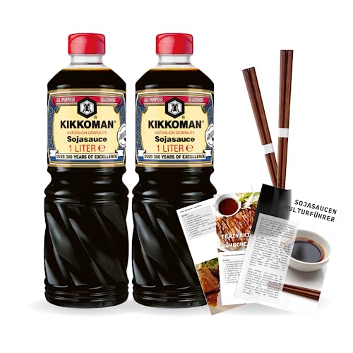 Kikkoman Sojasauce | 2 x 1L | inkl. japanische Holzstäbchen und Rezepten (Natürlich gebraute) von EasyCookAsia