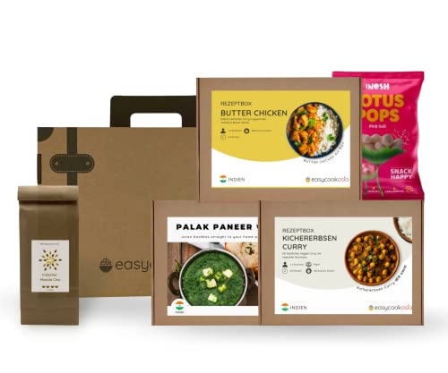 EasyCookAsia India Box | Geschenkset mit 3 indische Gerichte: Butter Chicken, Kichererbsen Curry, Palak Paneer und DIY indische Naan mit Anleitung | inkl. indische Gewürze, Masala Chai von EasyCookAsia