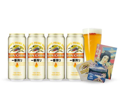 kirin ichiban Japanisches Premium Dosenbier 500ml x4 mit einem Kirin Glas, inklusive einer Vintage Postkarte (mit 5% Alkoholhalt, Einweg) von EasyCookAsia