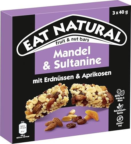 Eat Natural Frucht-und Nussriegel - Mandel und Sultanine mit Erdnüssen und Aprikosen - Glutenfreier Snack - optimal für unterwegs - 3x40 g von Eat Natural