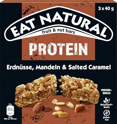 Eat Natural Frucht-und Nussriegel - Protein Erdnüsse, Mandeln und Salted Caramel - Proteinquelle glutenfreier Snack - optimal für unterwegs - 3x40 g von Eat Natural
