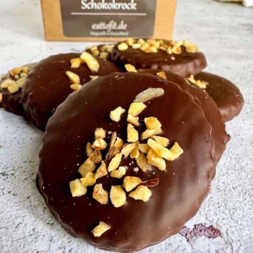 Eat to Fit Schokokrock Kekse-ohne Zuckerzusatz. Diese saftigen und gesunde Kekse sind ohne Haushaltszucker und ohne Weizen hergestellt.Mit Schokoladen 70% Kakao überzogen. Zuckerersatz Süßigkeiten von Eat to Fit Zuckerfrei