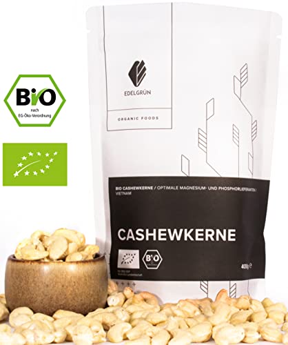 Bio Cashew 0,4 kg Edelgrün | Cashewkerne ohne Bruch | Ungesalzen | Als Snacks, im Müsli und zur Weiterverarbeitung als Frischkäse (vegan) oder Creme | Cashews | Nüsse | Nuts | Superfood (400) von Edelgrün