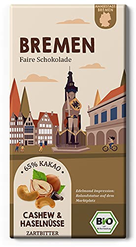 BREMEN Cashew, Haselnüsse in Fairtrade-Kakao / Bio Stadt-Schokolade / Zartbittere Edeltafel (1 Tafel, 80g) von Edelmond