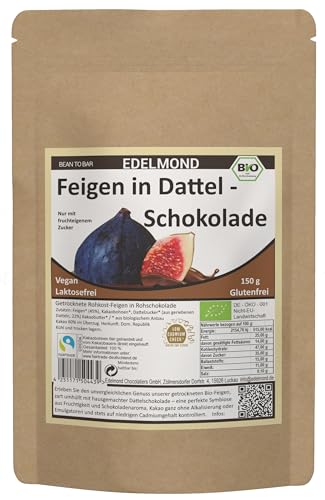 Rohkost Feige in Zartbitter-Schokolade von Edelmond. Dunkler Kakao und Frucht/Bio Süßigkeit ohne Süßstoffe. 150 g von Edelmond