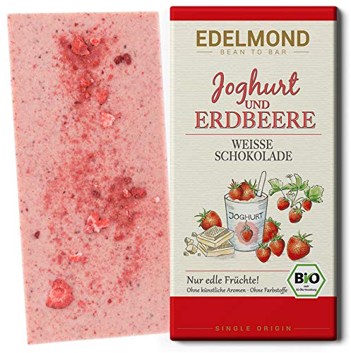 Edelmond Bio weiße Erdbeer Schokolade - mit Joghurt und getrockneten Früchten in bester Rohkost-Qualität. Ohne Farbstoffe, ohne Soja Emulgatoren ✓ (1 Tafel) von Edelmond