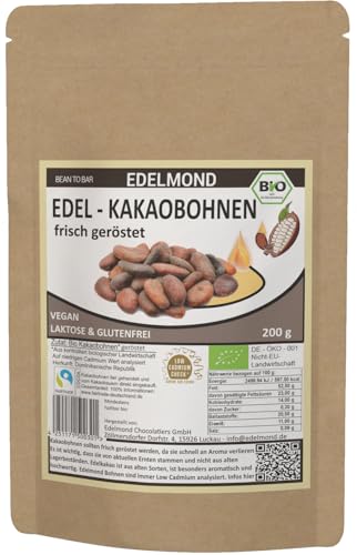 Geröstete Bio Kakaobohnen - Fair Trade, Cadmium geprüft, 200g frische Bio-Röstung - Verführerischer Edelmond AAA Edelkakao von Edelmond