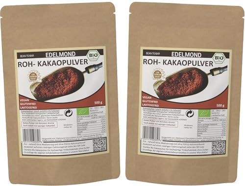 Bio Rohkost Kakaopulver von Edelmond. Cadmium analysiert. Als Rohkost oder Smoothie Cacao. AAA Chocolatiers Qualität 1kg (2x500g) von Edelmond