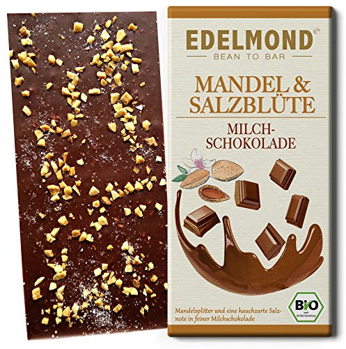 Edelmond Bio Mandel & Salz Milch-Schokolade mit gutem 54% Kakaoanteil. Passt toll zum Wein. Fair Trade Kakaobohnen und geröstete Mandel (1 Tafel) von Edelmond