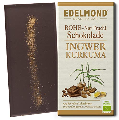 Ingwer und Kurkuma Bio Schokolade. Rohkakao ohne Kristallzucker. Fruchteigene Süße/Edelmond Laktosefrei, Vegan & Fair-Trade Kakao (1 Tafel, 75g) von Edelmond