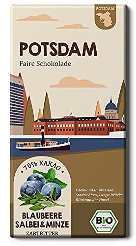 POTSDAM Blaubeeren, Salbei und Minze Bio Tafel/Fair Trade Stadt Schokolade/Vegan Fairer Kakaoeinkauf (1 Tafel, 75g) von Edelmond