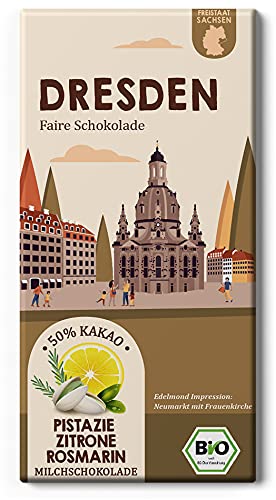 DRESDEN Pistazie, Zitrone und Rosmarin Milchschokolade/Bio Kakao fair gehandelt/Design Fair Trade Stadt / (1 Tafel, 75g) von Edelmond