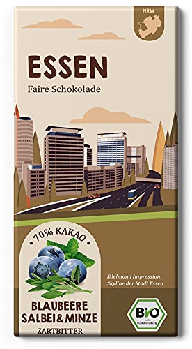 ESSEN Fairtrade Stadt Schokolade/Blaubeere, Salbei und Minze/Bio Zartbitterschokolade aus Kakao (1 Tafel, 75g) von Edelmond