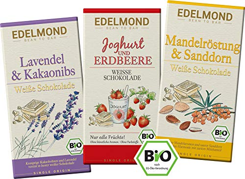 Edelmond Bio Weiße Schokolade Mini Set. Premium Schokoladen als geschmackvolles Geschenk, oder zum selbst genießen. Rohkostfrüche ohne künstliche Aromen von Edelmond