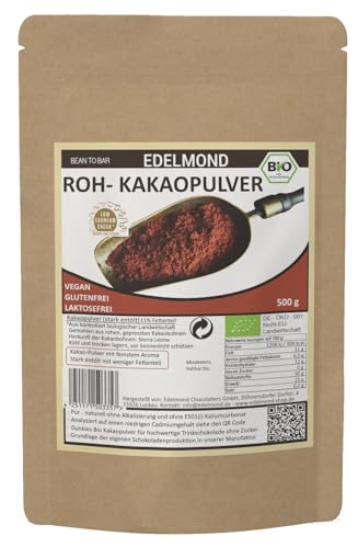 Bio Rohkost Kakaopulver ohne Zucker von Edelmond. Cadmium analysiert. Als Rohkost oder Smoothie cacao. AAA Chocolatiers Qualität (500g) von Edelmond