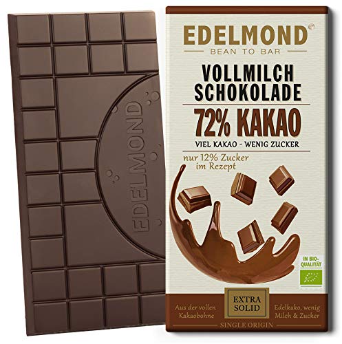 Edelmond 72% Kakaobohnen Vollmilch-Schokolade Bio, wenig Zucker. Single Plantation. Bitter + Fair-Trade als bestes Geschenk. (1 Tafel) von Edelmond