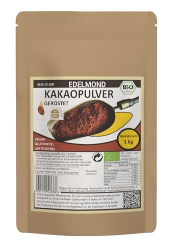 Edelmond Bio 100% geröstetes Kakaopulver. Höchste Güteklasse, stark entölt. Low Cadmium Analysiert*. 11% Kakaobutter (2x 500g) von Edelmond