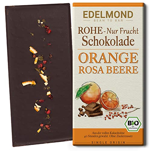 Edelmond Bio 75% rohe Nur Frucht Schokolade mit Rosa Beere, Orange und Kokosblütennektar, sonst ohne Zuckerzusatz. Roh, Vegan, Lactosefrei und Fair-Trade. (1 Tafel) von Edelmond
