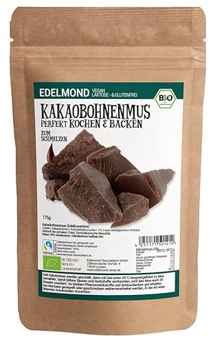 Edelmond Bio Kakaobohnen Mus / Unterschied zu Schokolade: unter 1% Zucker / Bitter Vegane Kuvertüre zum schmelzen (175g) von Edelmond