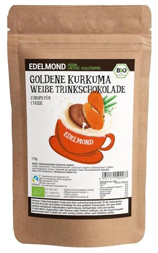 Edelmond Bio Kurkuma Goldene Milch. Kein Pulver, keine Kapsel, sondern Heißgetränk mit Kakaobutter und Piperin. Kokosblütennektar, ohne Zusatz von Kristallzucker. 175gr. von Edelmond