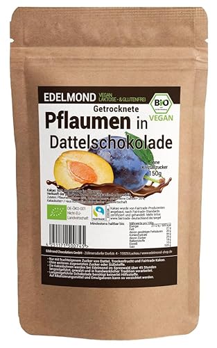 Edelmond Bio Pflaumen in Dattelschokolade ohne Zucker - Zusatz. Vegan und Fair-Trade Cacao. Ohne Emulgatoren von Edelmond