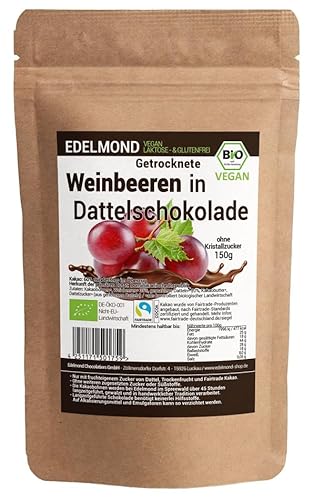 Edelmond Bio Weinbeeren in Nur-Frucht Dattel Schokolade: Edel-Kakaobohnen und Rohkost nicht geschwefelt, Vegan und Fair-Trade, ohne Soja-Emulgatoren (150 gramm) von Edelmond