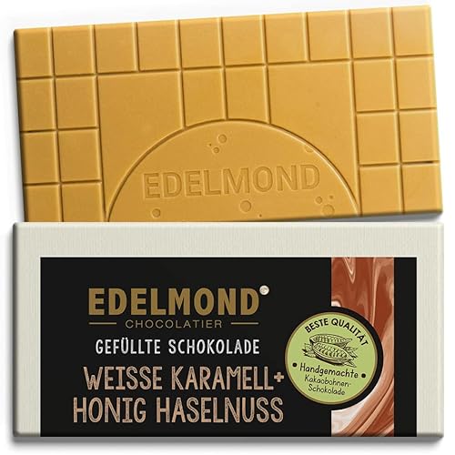 Edelmond Bio Weiße-Schokolade gefüllt mit Karamell Honig-Nuss. Handgemacht aus Fairtrade-Kakao. 1 Tafel - 80g von Edelmond