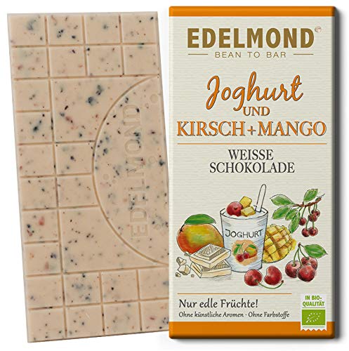 Edelmond Bio weiße Schokolade Kirsche & Mango - mit Joghurt und getrockneten Früchten in bester Rohkost-Qualität. Ohne Farbstoffe, ohne Soja Emulgatoren, Weiße Schokolade, Bio. (1 Tafel, 75g) von Edelmond